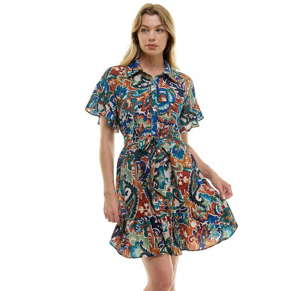 Women's Luxology Button Front Tie-Waist Dress, Size: Medium, Brown Blue Green Product Image