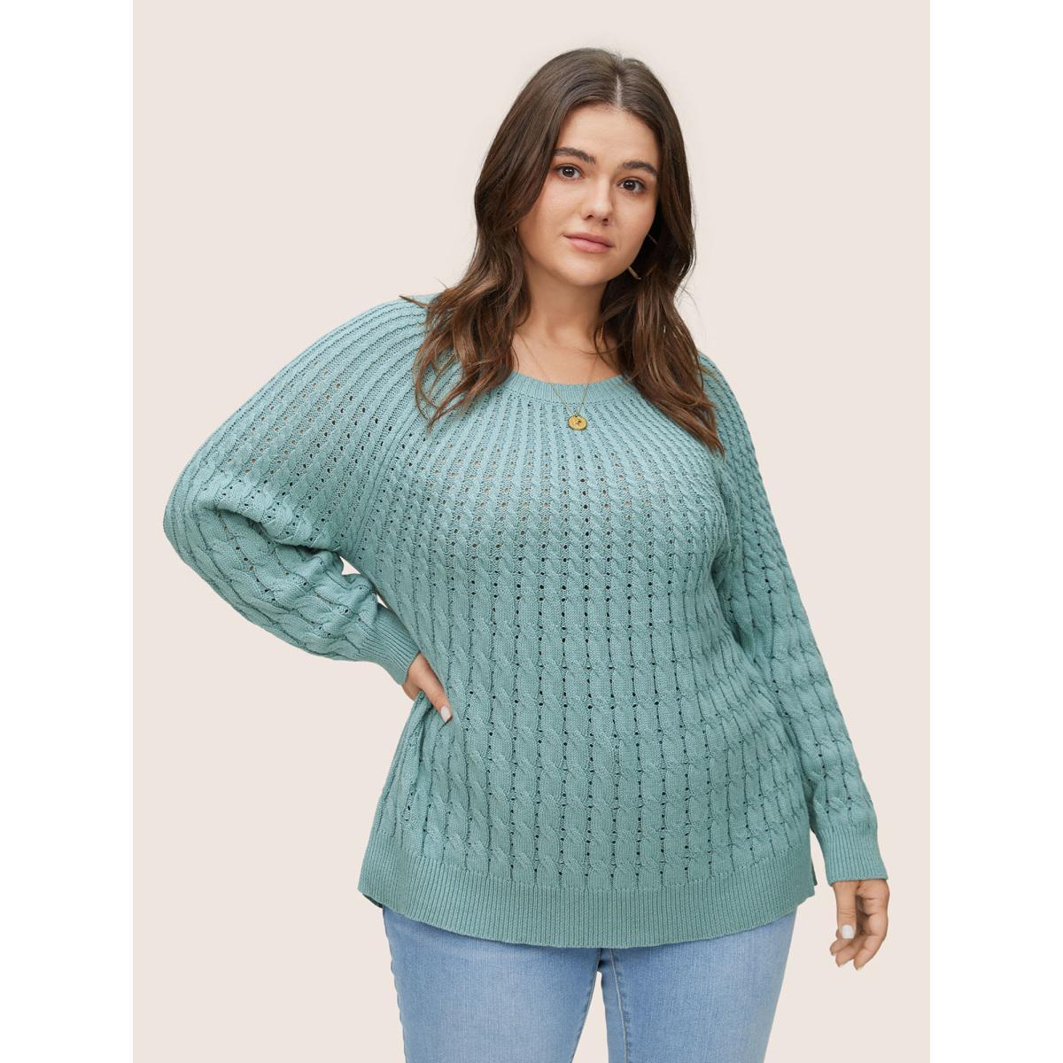 Plus Size Cotton Blended Cable Knit Raglan Sleeve Pullover Teal Women Casual Long Sleeve Round Neck Everyday Pullovers BloomChic 30/6X Product Image