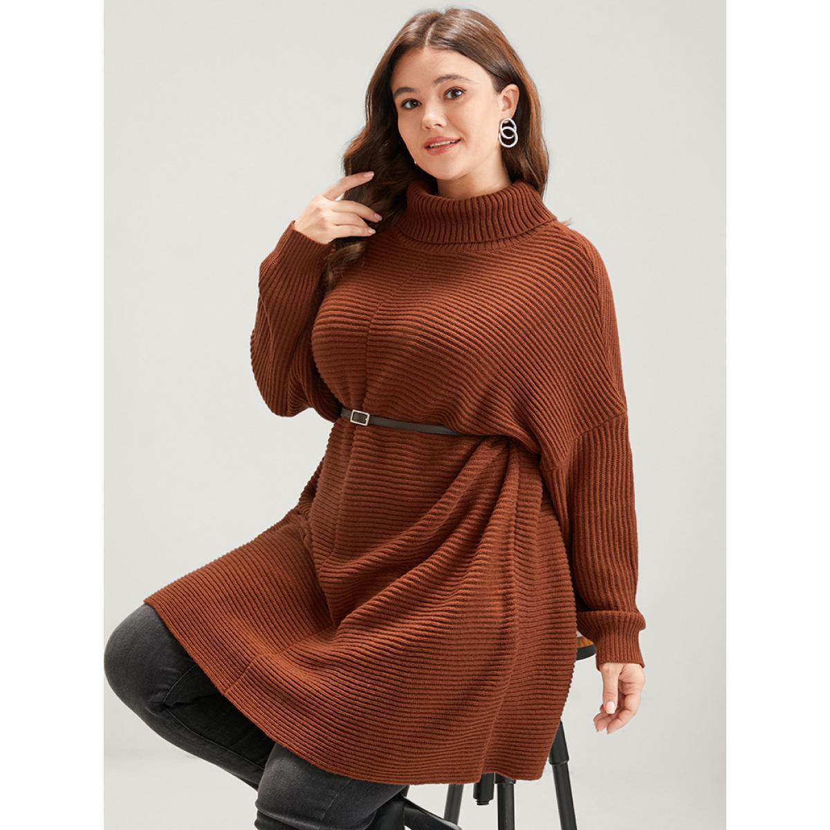 Plus Size Solid Pointelle Knit Dolman Sleeve Funnel Neck Knit Top Brown Women Elegant Oversized Long Sleeve Turtleneck Dailywear Pullovers BloomChic 30/6X Product Image