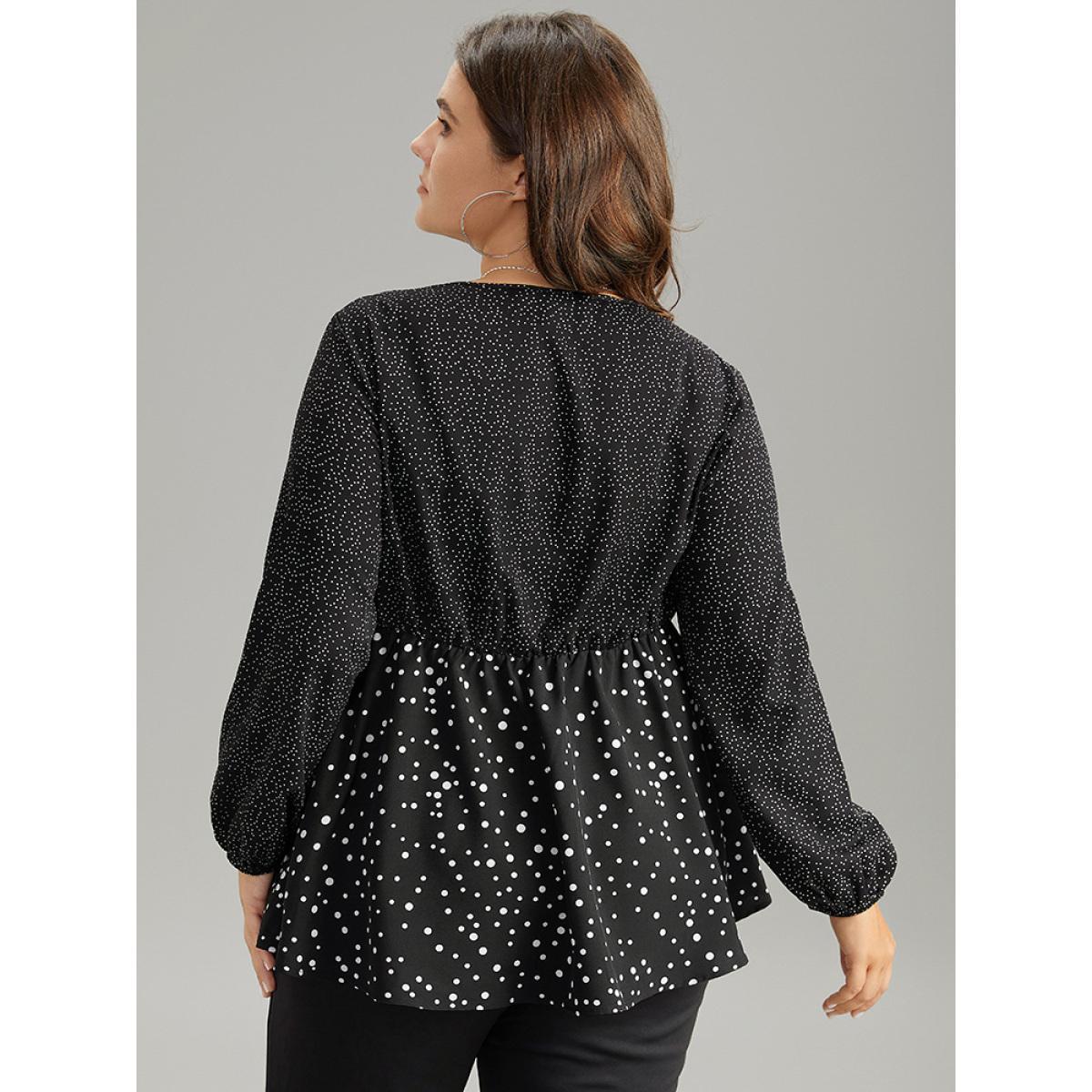 Plus Size Black Polka Dot Ruched Ties Lantern Sleeve Blouse Women Elegant Long Sleeve V-neck Dailywear Blouses BloomChic 26/4X Product Image