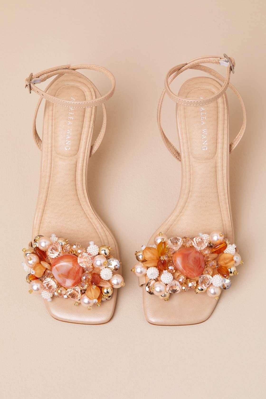 Candela Light Nude Beaded High Heel Ankle Strap Sandals Product Image