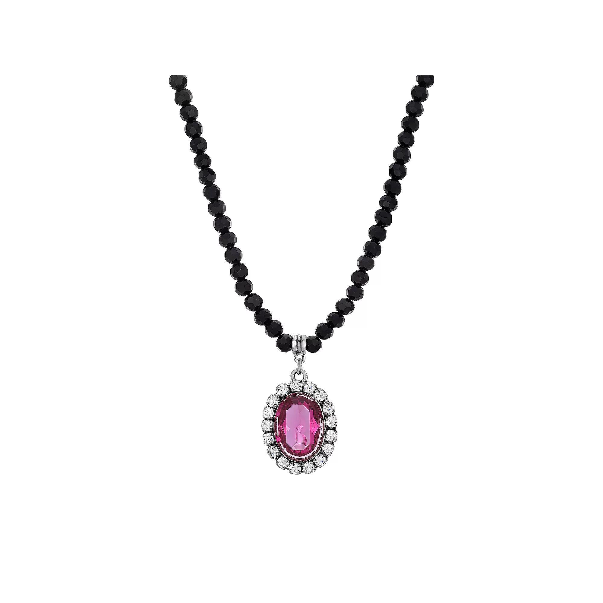 1928 Silver Tone Crystal Black Beaded Necklace, Womens, Blue Product Image
