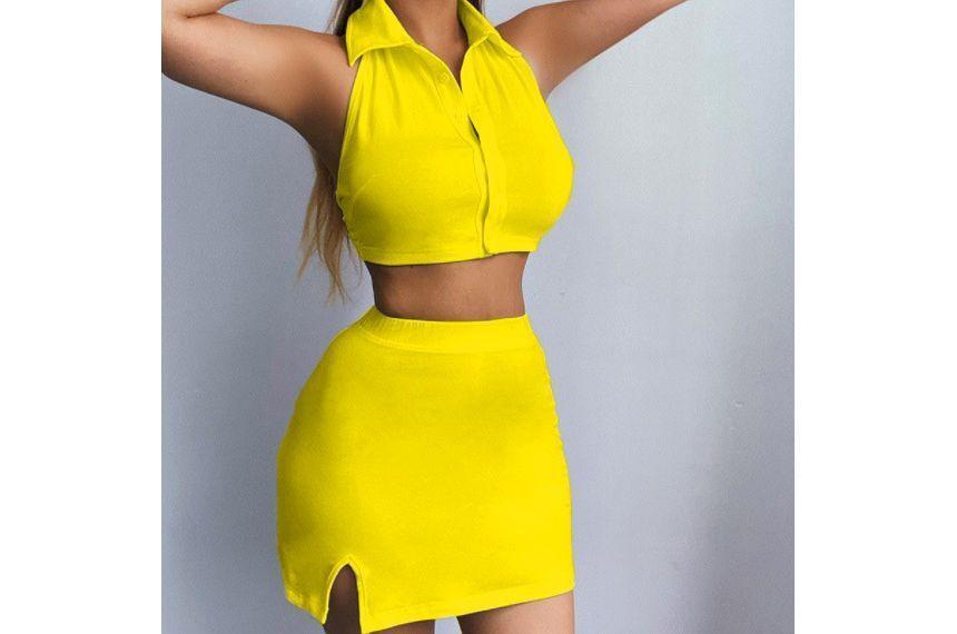 Set: Halter Plain Open Back Button Crop Top+ High Waist Slit Mini Pencil Skirt Product Image