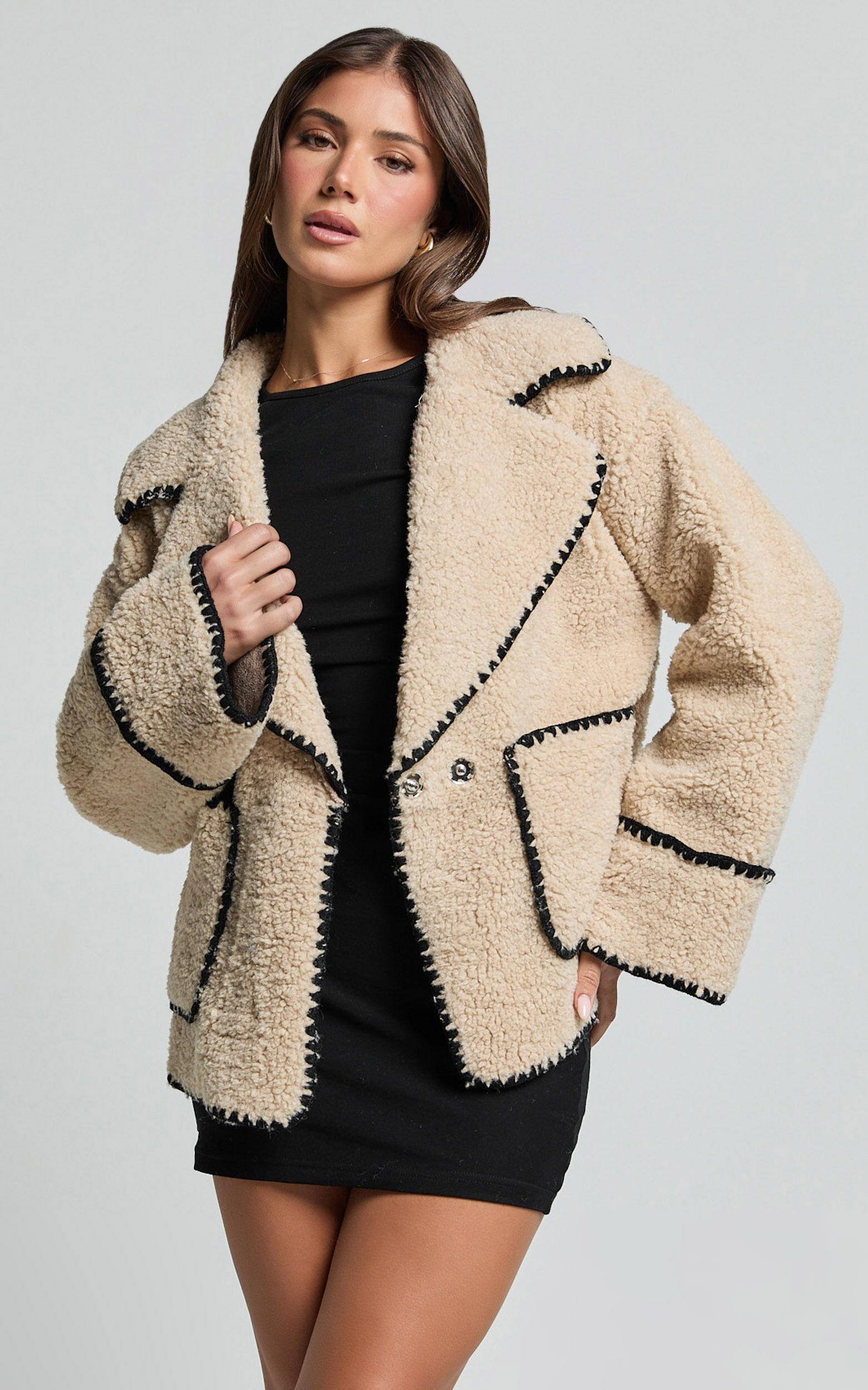 Adeline Jacket - Oversized Blanket Stitched Shearling Jacket in Caramel Product Image