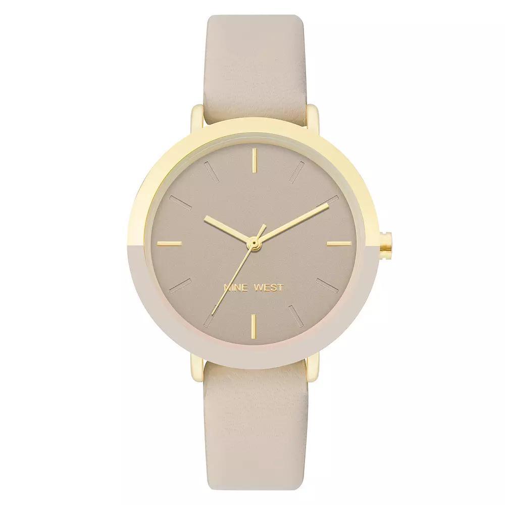Nine West Womens Tan Faux Leather Strap Watch with Two Tone Case Product Image