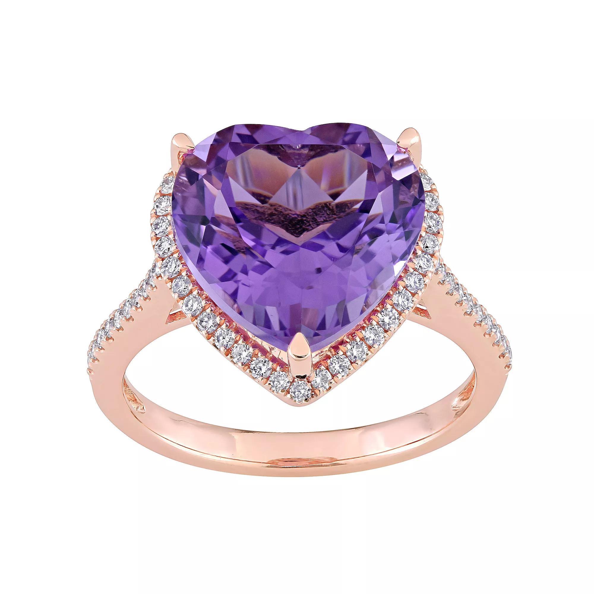 Stella Grace 14k Rose Gold Heart Shape Amethyst & 1/3 Carat T.W. Diamond Halo Ring, Women's, Size: 6 Product Image