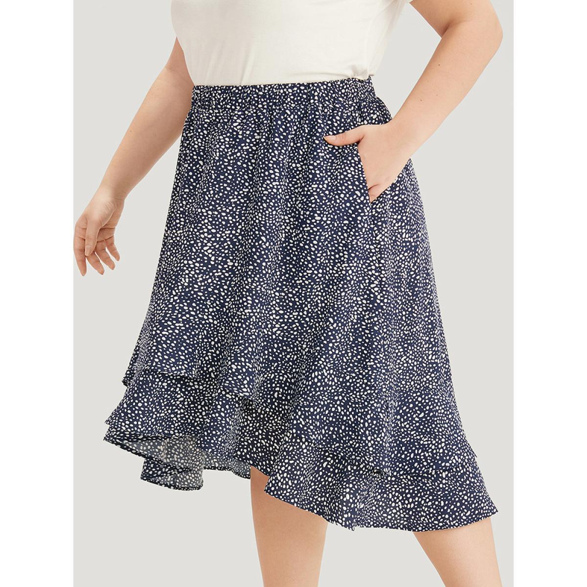 Plus Size Allover Print Pocket Ruffle Layered Hem Skirt Women Indigo Elegant Elastic Waist No stretch Pocket Dailywear Skirts BloomChic 22-24/3X Product Image