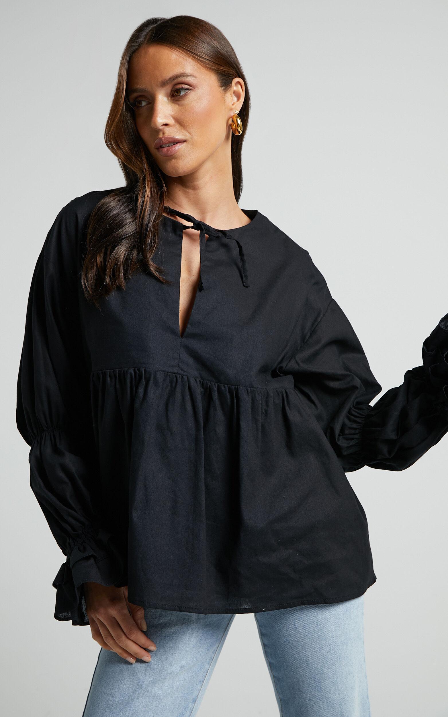 Arthur Top - Linen Look Long Sleeve V Neck Tiered Top in Black Product Image