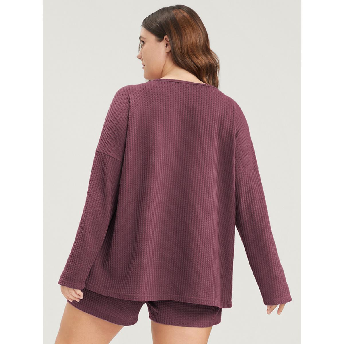 Plus Size Solid Notched Waffle Knit Pajama Set Women DustyPink Plain Plain Long Sleeve Notched collar Casual Loungewear Sets BloomChic 22-24/3X Product Image