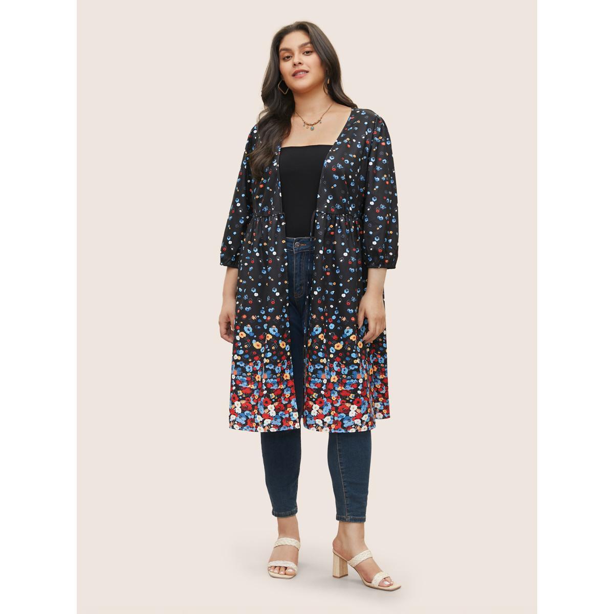 Plus Size Ombre Boho Print Ties Gathered Kimono Women BlackFlower Resort Gathered Vacation Kimonos BloomChic 26/4X Product Image