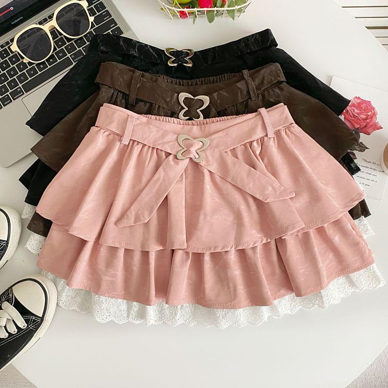 High Waist Lace Panel Butterfly Buckled Layered Mini A-Line Skirt Product Image