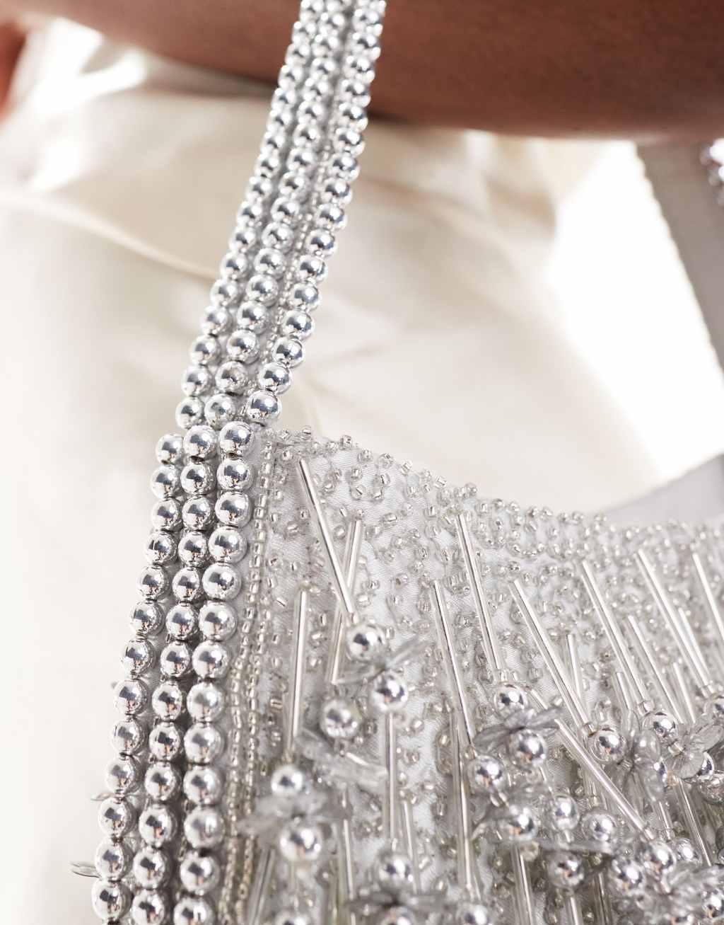 ASOS DESIGN beaded flower tassel grab bag in silver Product Image