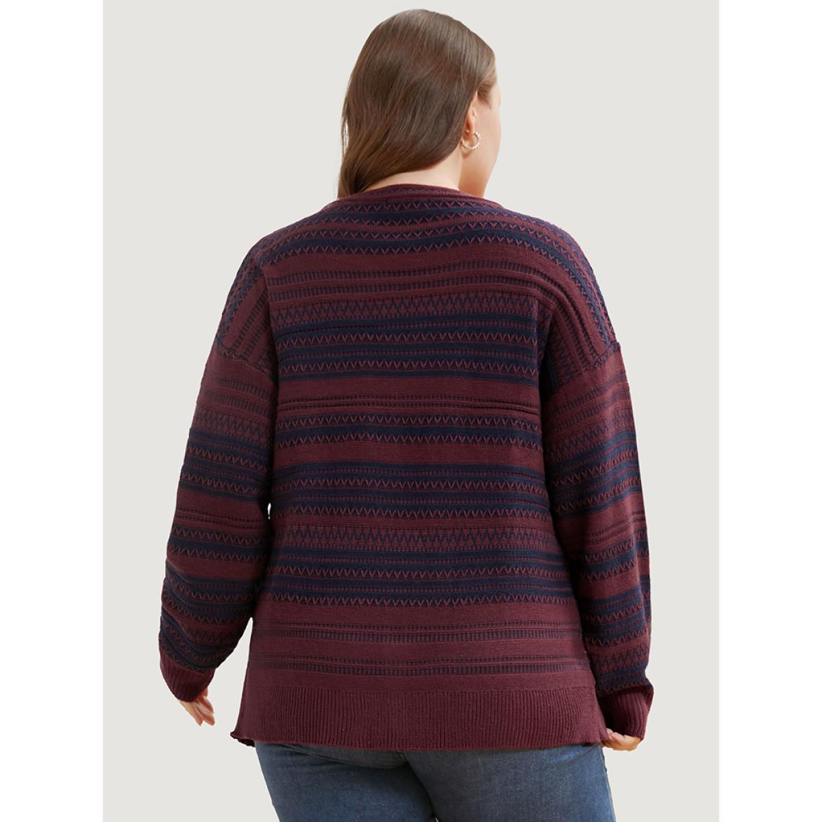 Plus Size Striped Contrast Pointelle Knit Open Front Loose Cardigan Scarlet Women Casual Loose Long Sleeve Work Cardigans BloomChic 26/4X Product Image