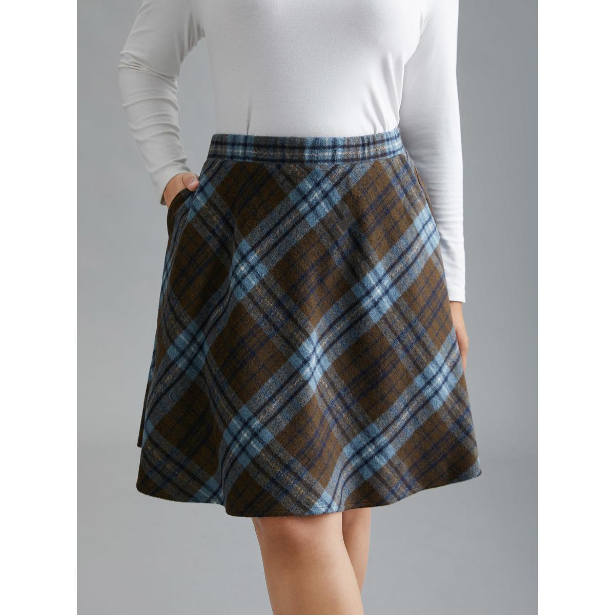 Plus Size Plaid Pattern Elastic Waist A-line Mini Skirt Women Stone Elegant Low stretch Slanted pocket Everyday Skirts BloomChic 30/6X Product Image