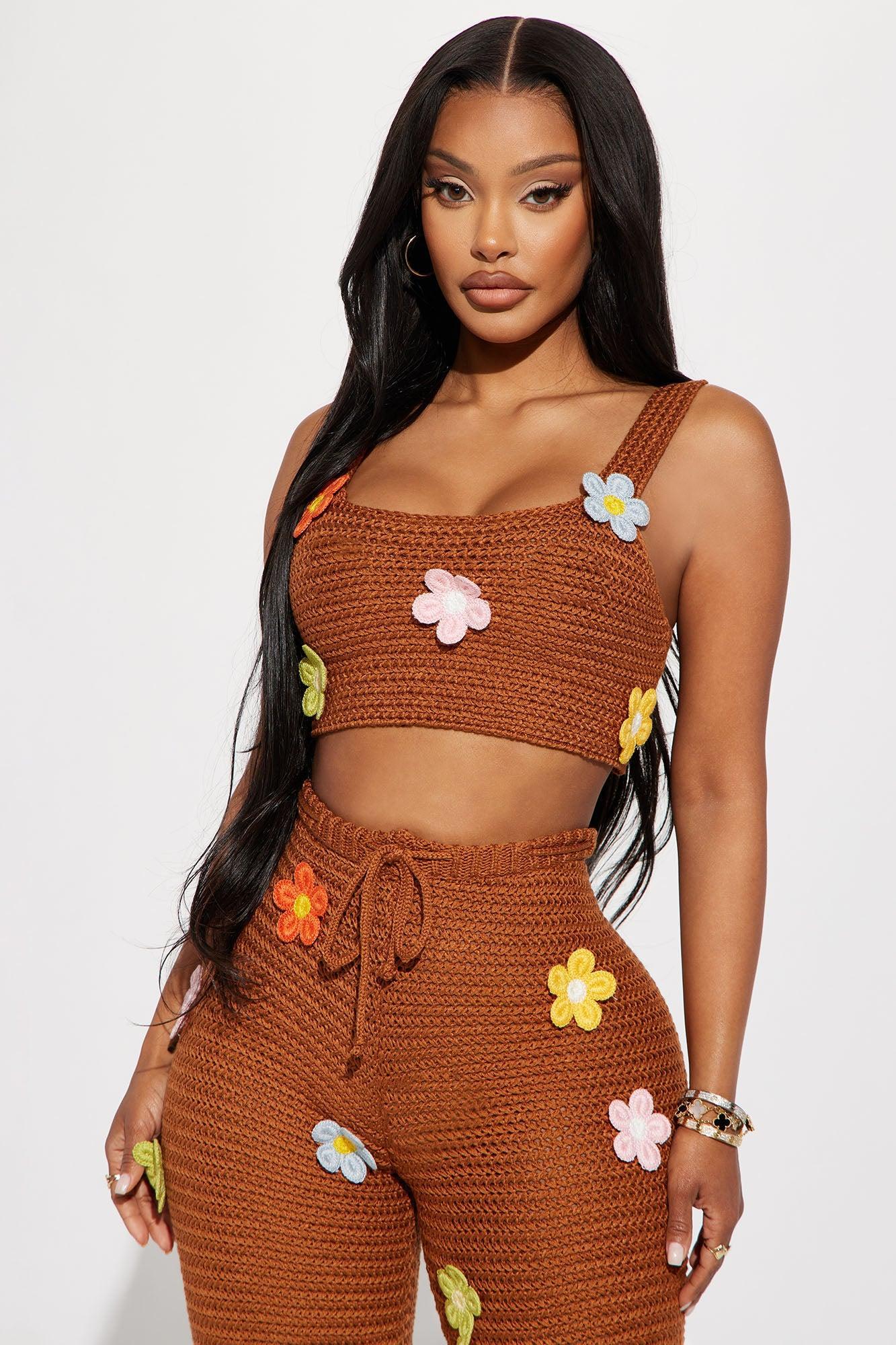 Floral Fields Crochet Pant Set - Mocha Product Image