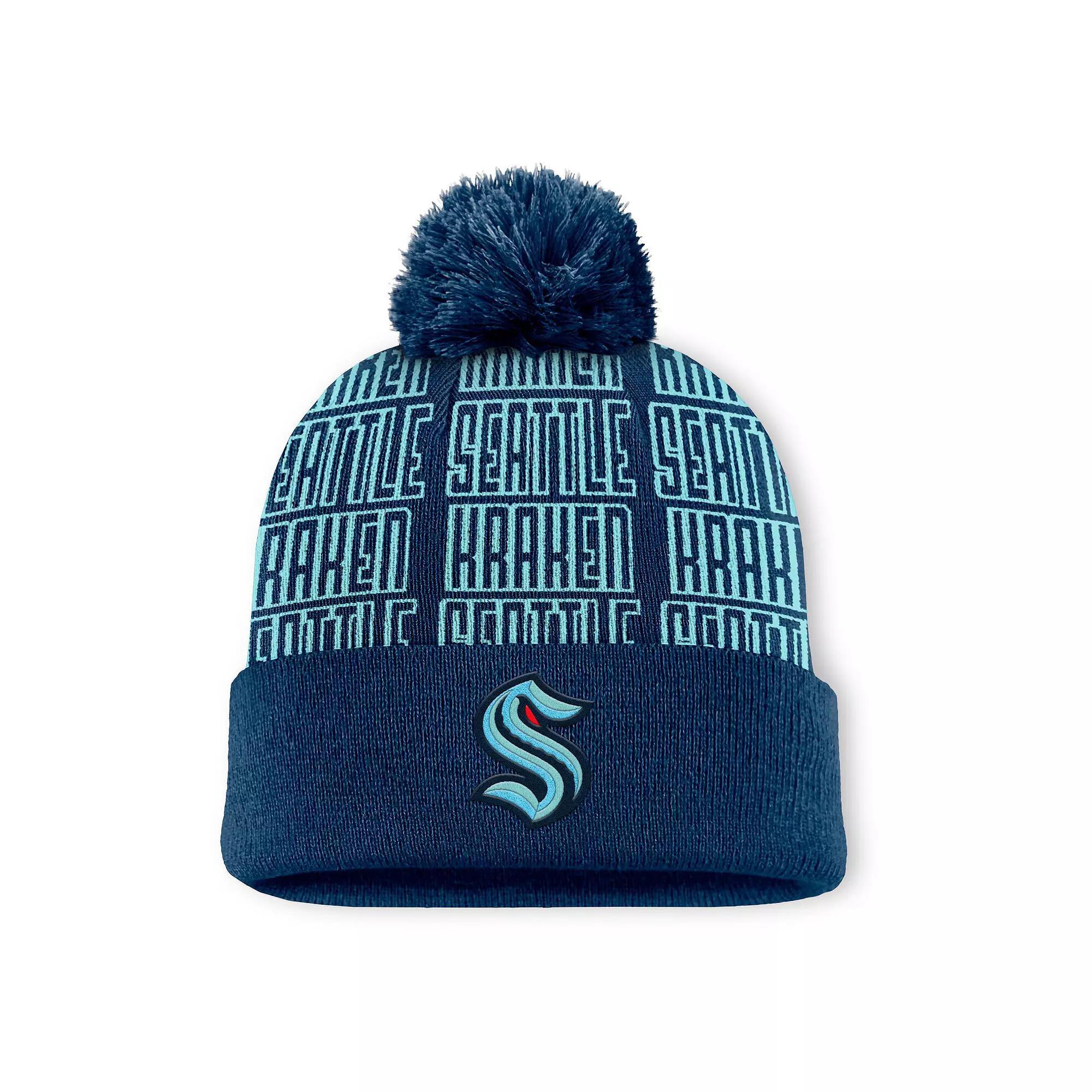 Men's Fanatics Deep Sea Blue Seattle Kraken Fundamental Empty Net Cuffed Knit Hat with Pom, Krk Blue Product Image