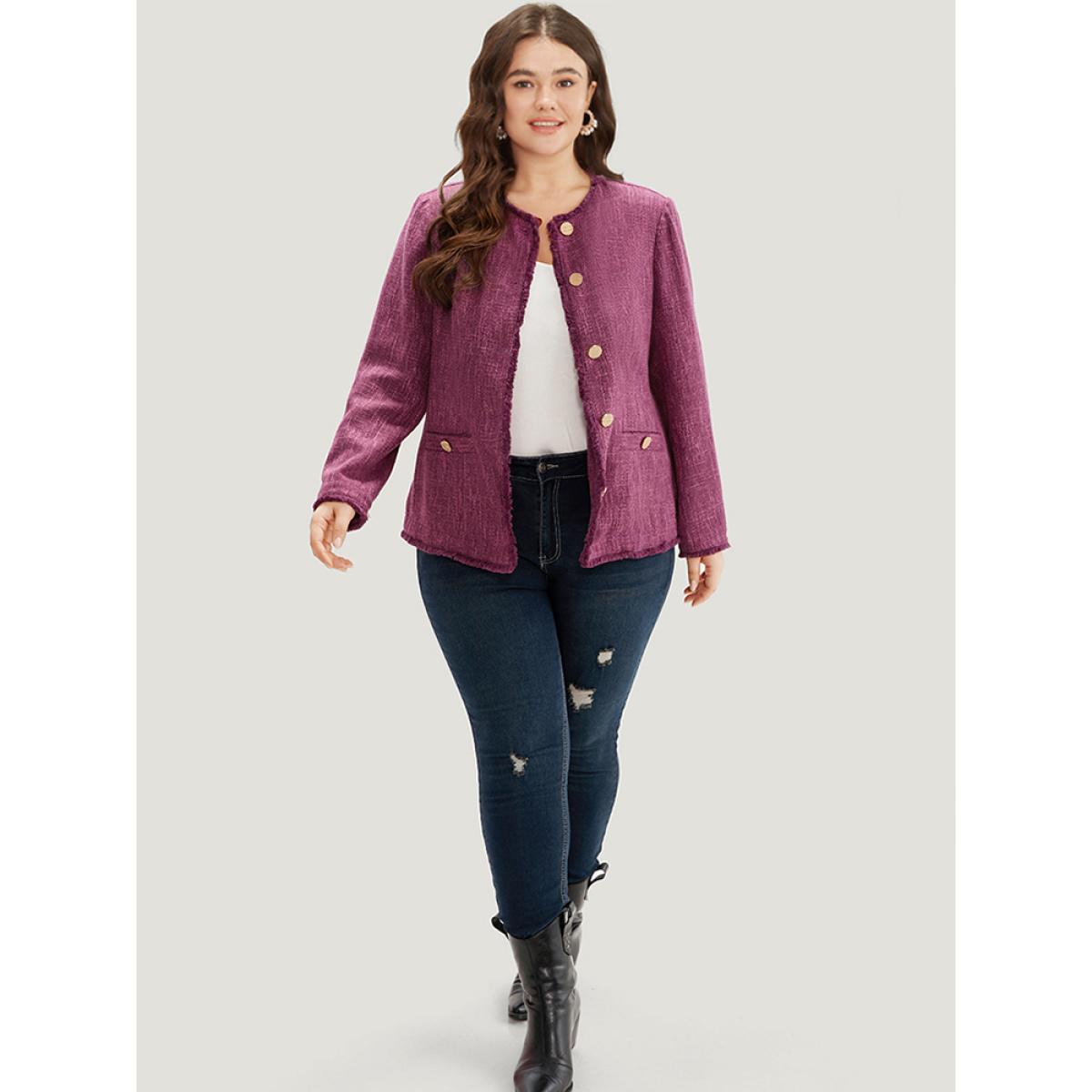 Plus Size Texture Buckle Detail Fuzzy Trim Jacket Women RedViolet Texture Pocket Dailywear Jackets BloomChic 28/5X Product Image