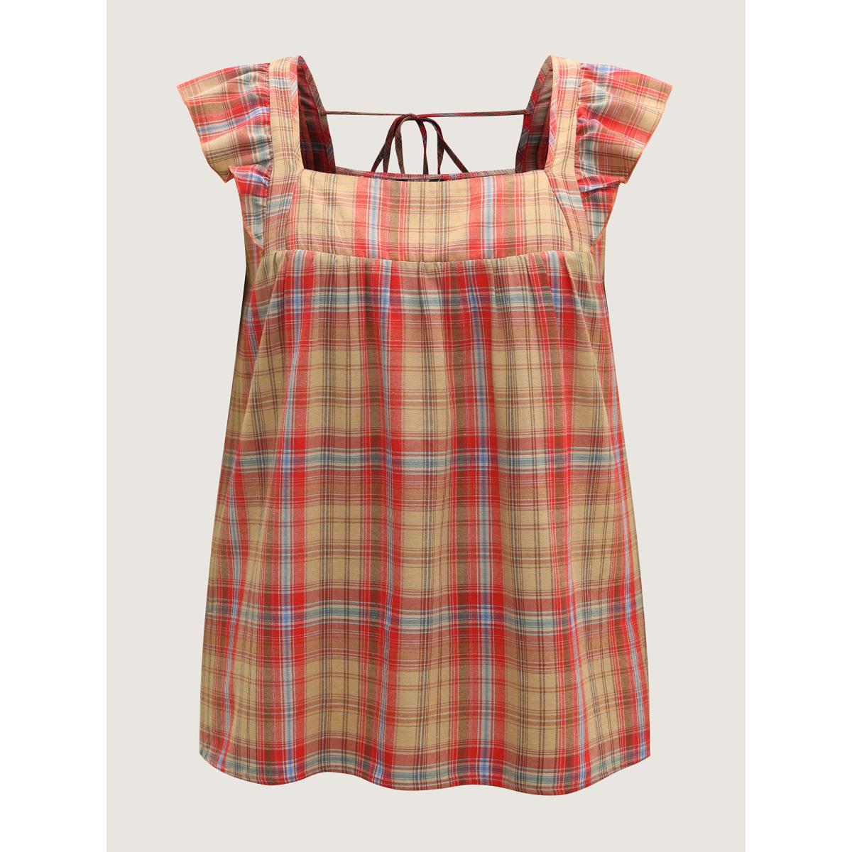 Plus Size Raspberry Plaid Print Flutter Sleeve Pleated Blouse Women Cap Sleeve Square Neck Everyday-Casual Blouses BloomChic 10/M Product Image