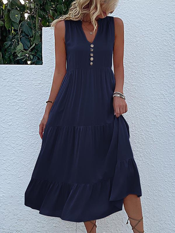 Loose Sleeveless Pleated Split-Joint V-Neck Midi Dresses Product Image