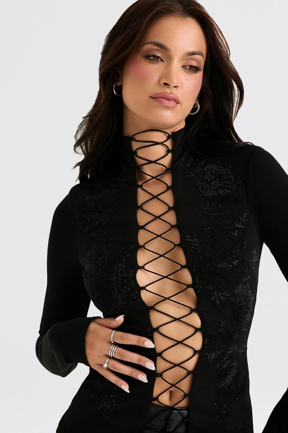 Lori Black Crystallised Lace Up Top Product Image