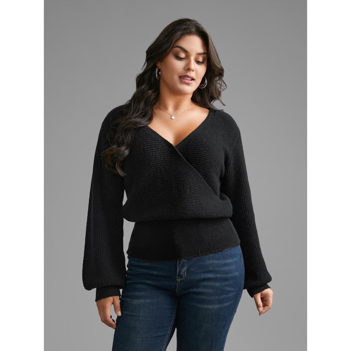 Plus Size Overlap Collar Textured Lantern Sleeve Pullover Black Women Casual Loose Long Sleeve Overlap Collar Everyday Pullovers BloomChic 12/L Product Image