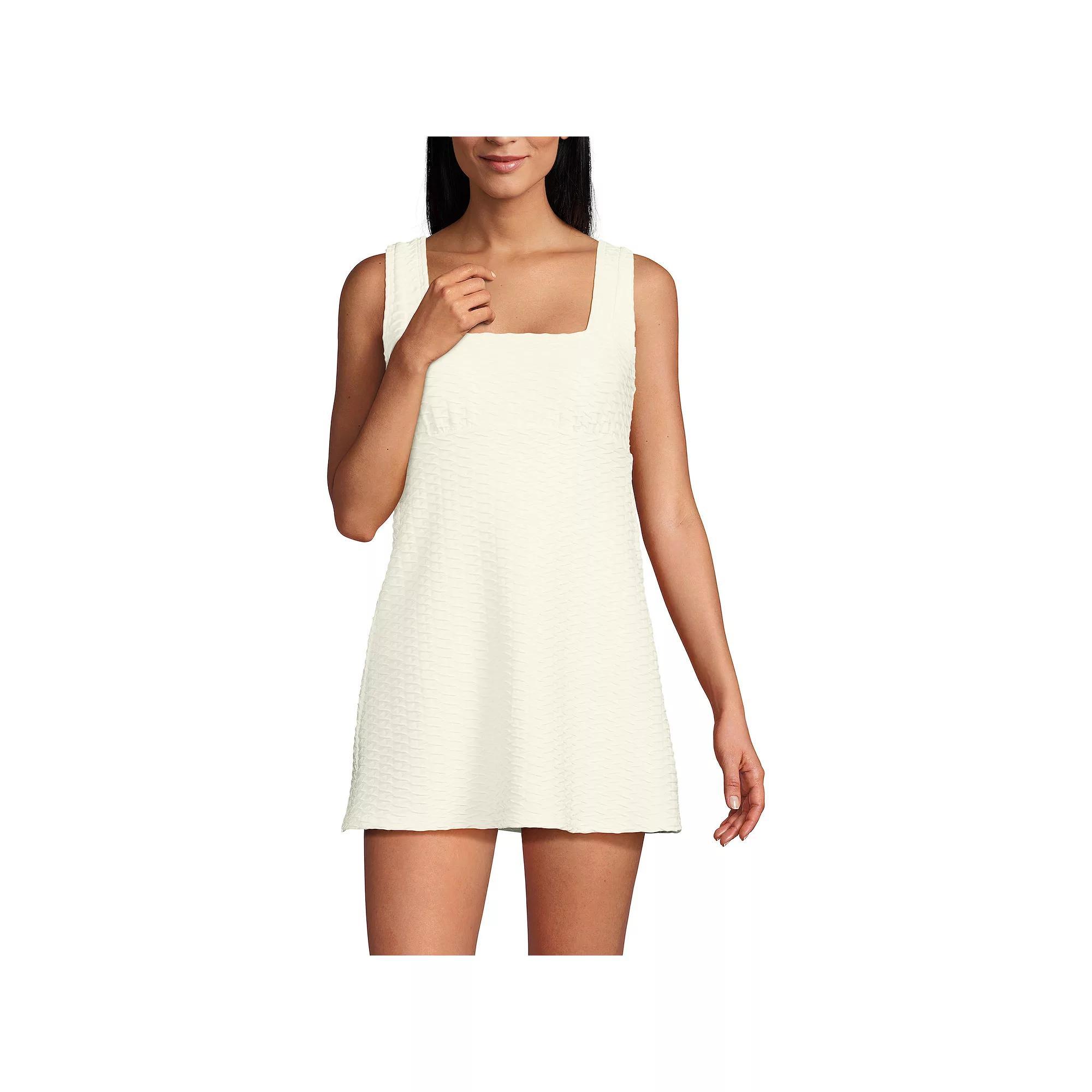 Women's Lands' End Square Neck Textured Swim Dress, Size: Medium, Egret White Product Image