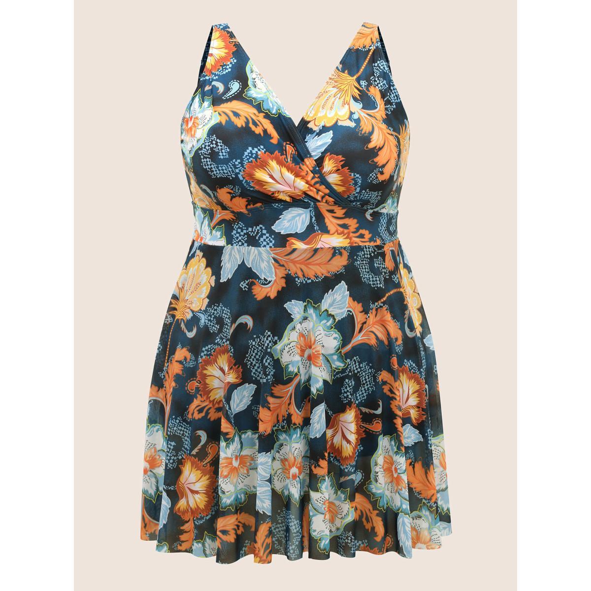 Plus Size Overlap Collar Contrast Floral Mesh Swim Dress Women's Swimwear Cyan Beach Bodycon Overlap Collar High stretch Curve Swim Dresses BloomChic 30/6X Product Image