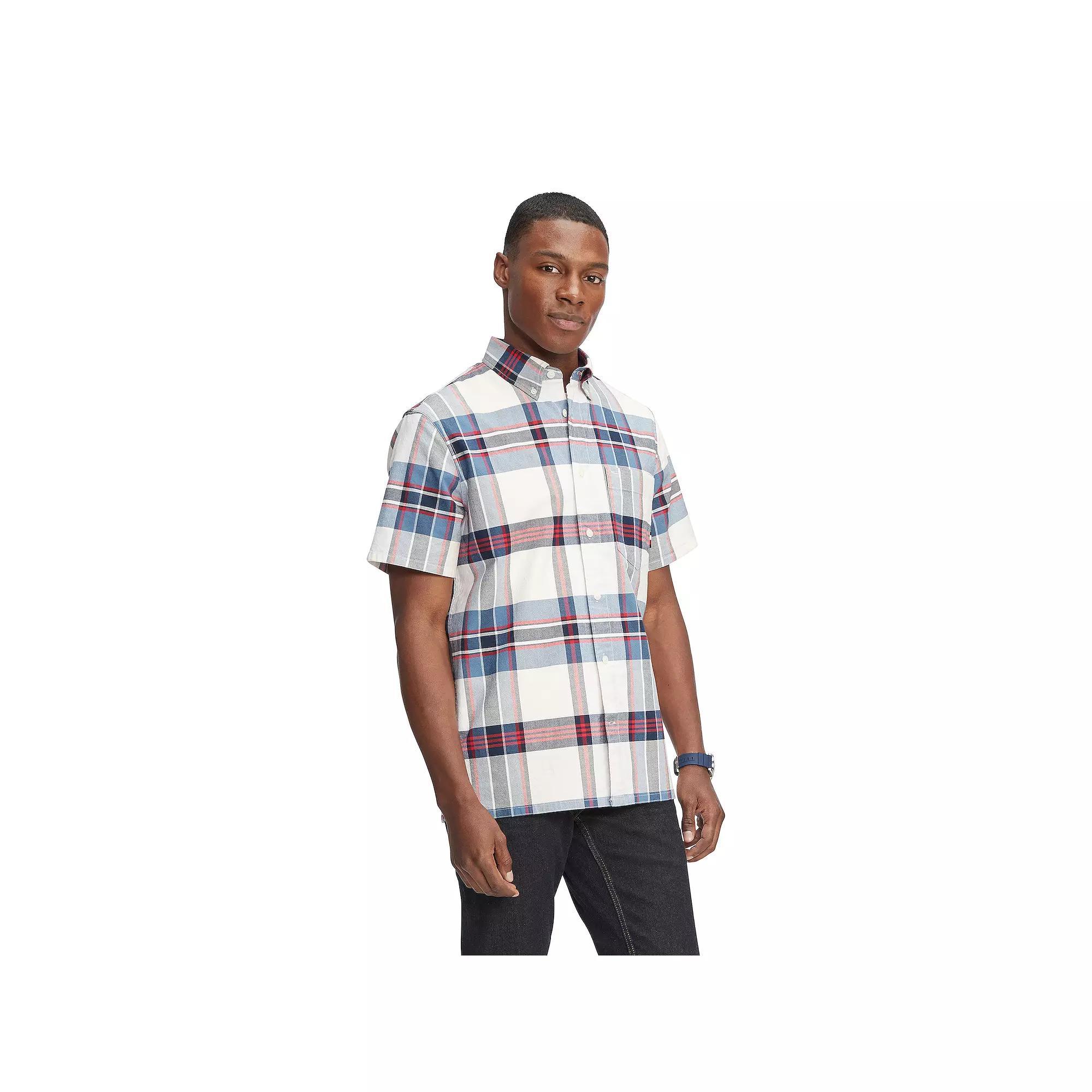 Men's Tommy Hilfiger Stretch Short Sleeve Oxford Button-Down Shirt, Size: Small, Plaid Team Product Image