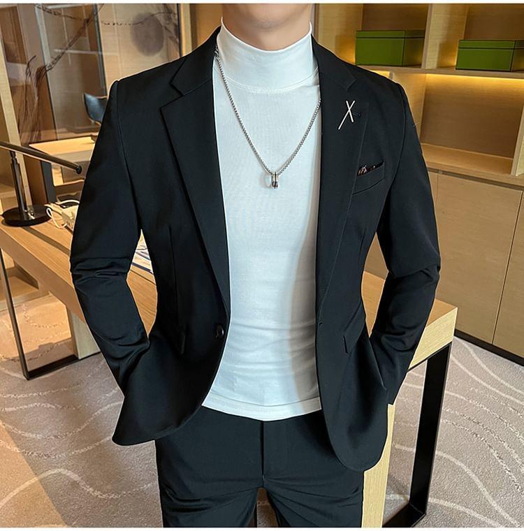 Lapel Collar Plain Single-Button Blazer / Dress Pants / Set Product Image