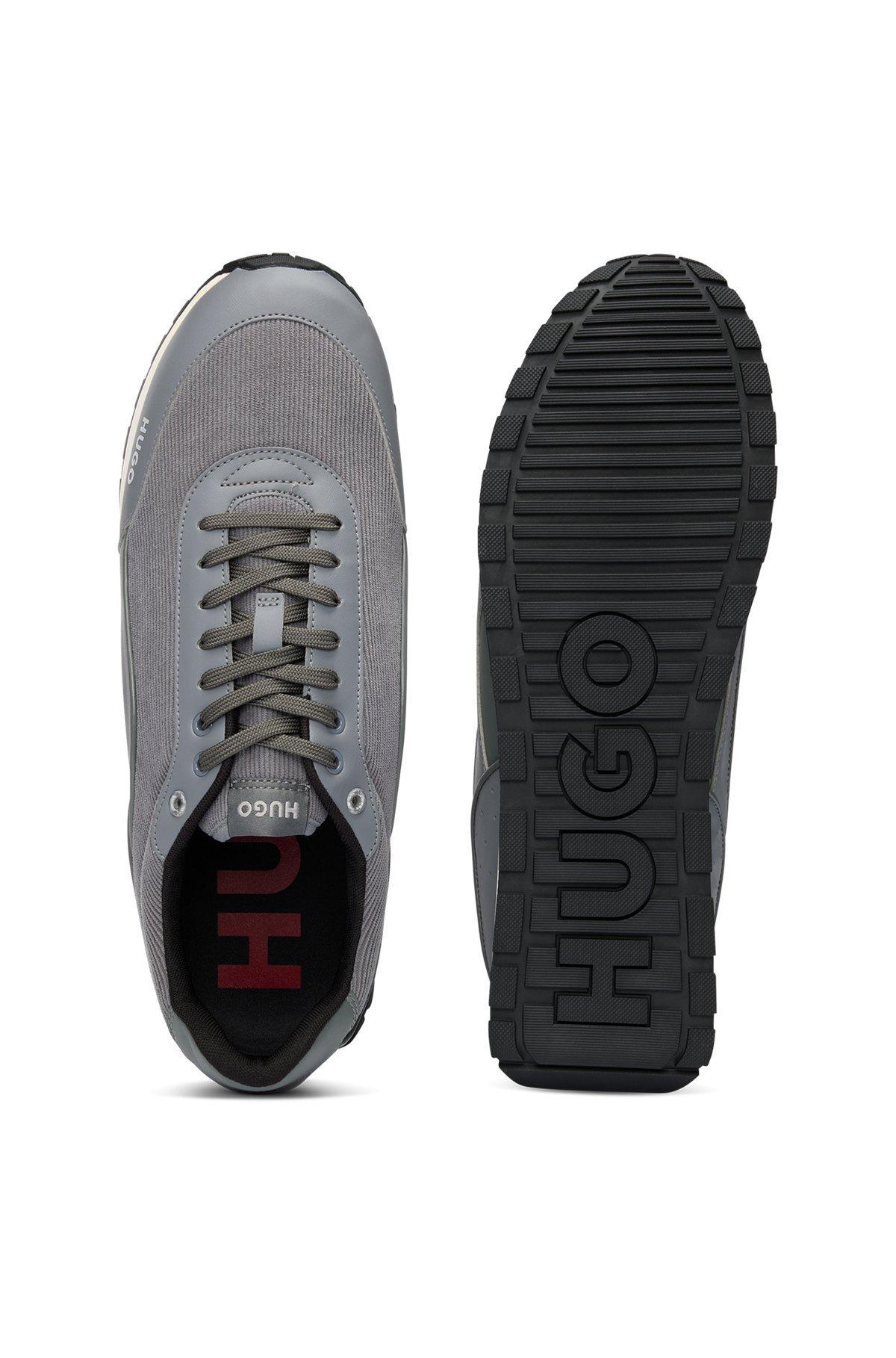 HUGO - Mixed-material trainers with corduroy-effect trims - Grey Product Image