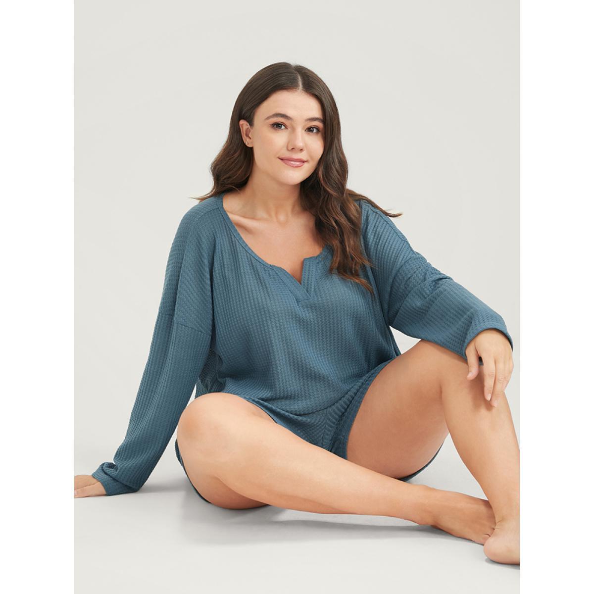Plus Size Solid Notched Waffle Knit Pajama Set Women Cerulean Plain Plain Long Sleeve Notched collar Casual Loungewear Sets BloomChic 28/5X Product Image