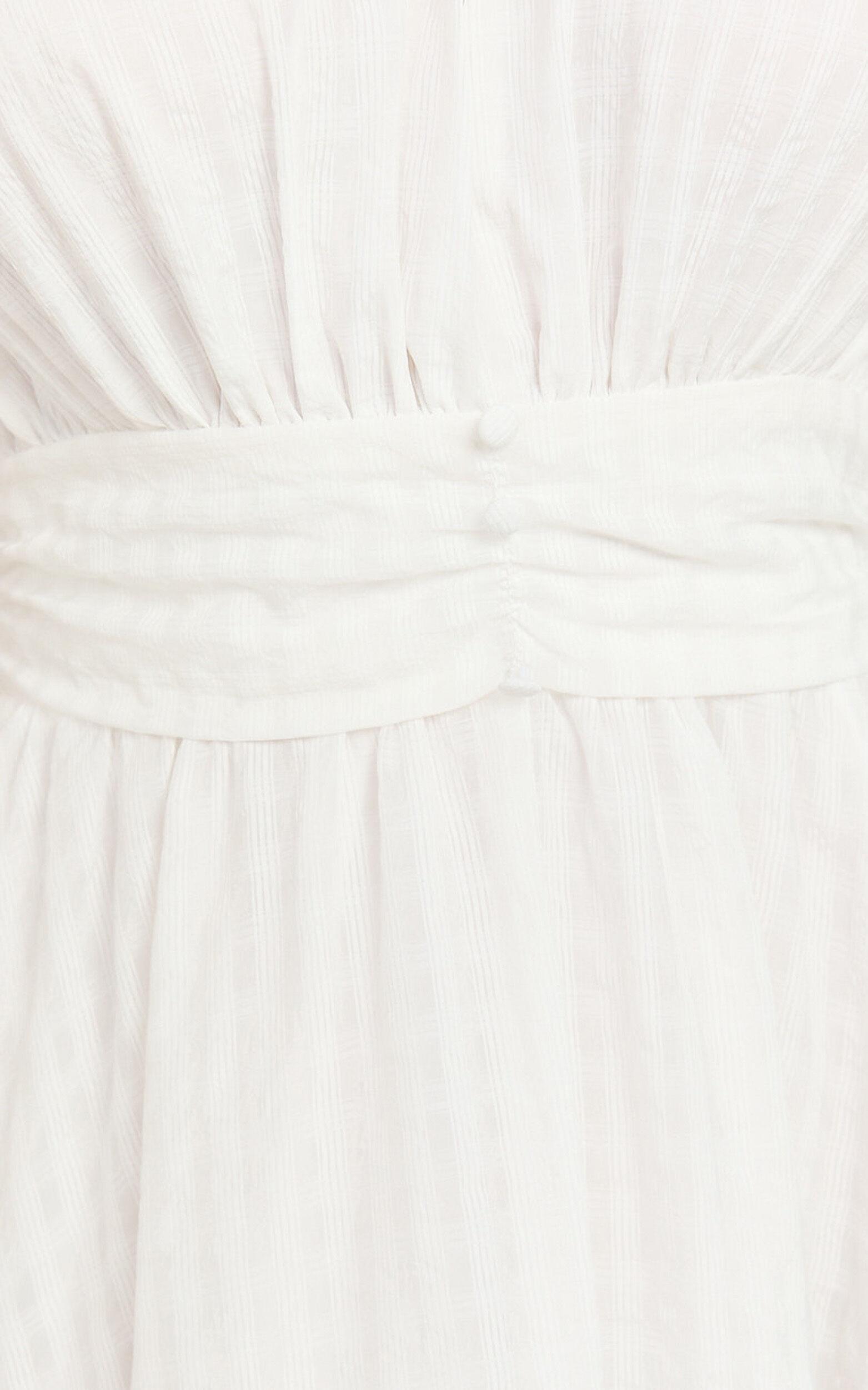 Xandy Midi Dress - Textured Puff Sleeve Plunge Dress in White Product Image