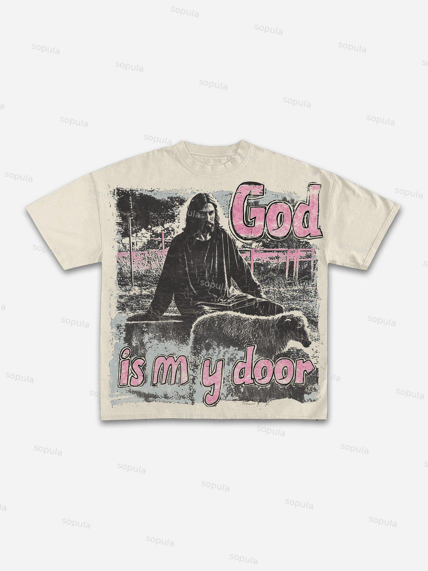 Vintage God Is My Door Jesus Graphic Print Cotton T-shirt Product Image