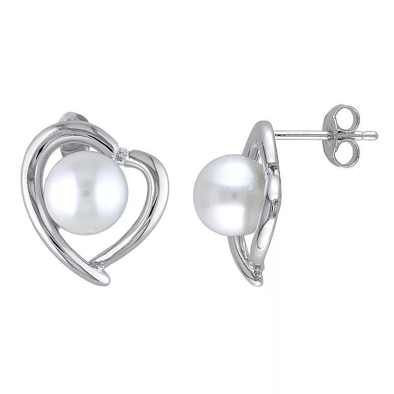 Stella Grace Sterling Silver Diamond Accent & Freshwater Cultured Pearl Heart Earrings, Women's Product Image