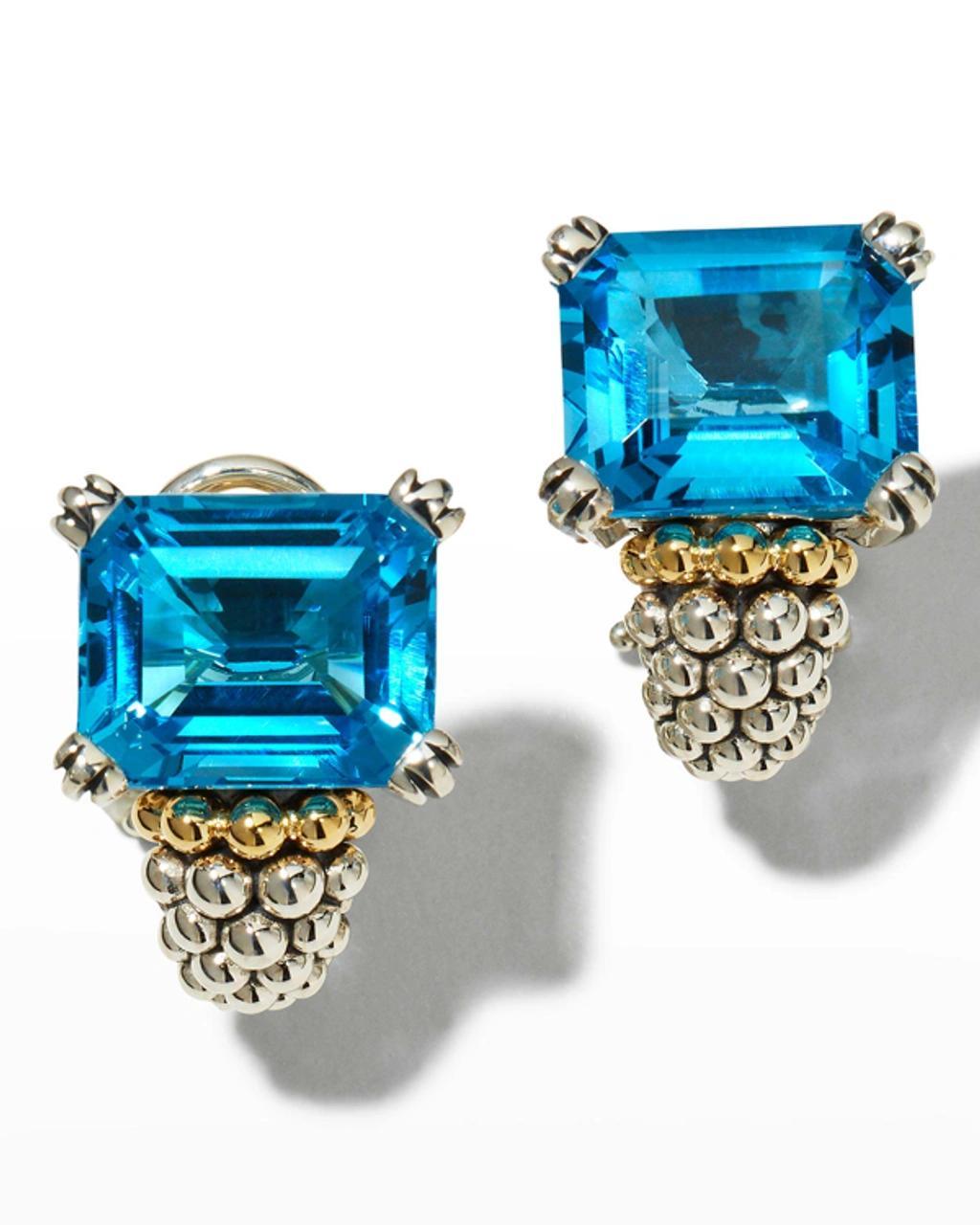 LAGOS 18k Yellow Gold & Sterling Silver Glacier Blue Topaz Caviar Beaded Large Half Hoop Earrings In Swiss Blue Topaz Product Image