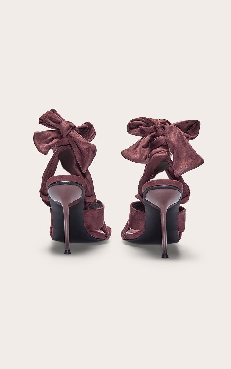 Chocolate Faux Suede Square Toe Thong Lace Up High Stiletto Heeled Sandals Product Image