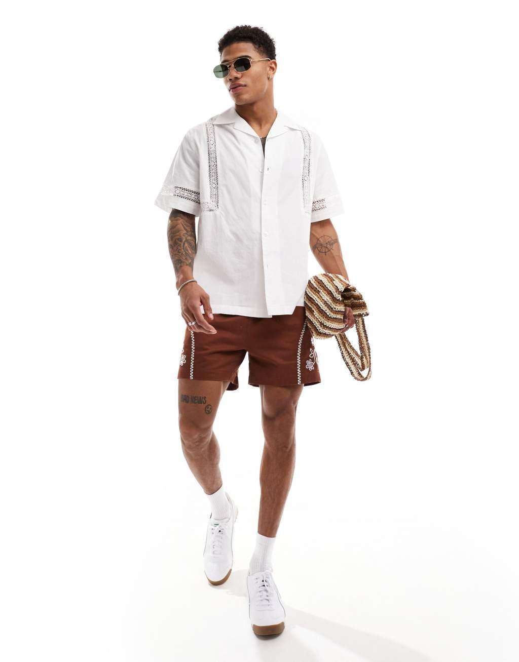 ASOS DESIGN relaxed camp collar shirt in poplin with crochet inserts in white Product Image
