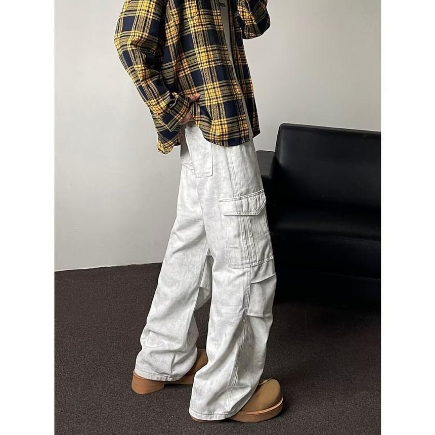 Mid Rise Tie Dye Wide Leg Cargo Jeans Product Image