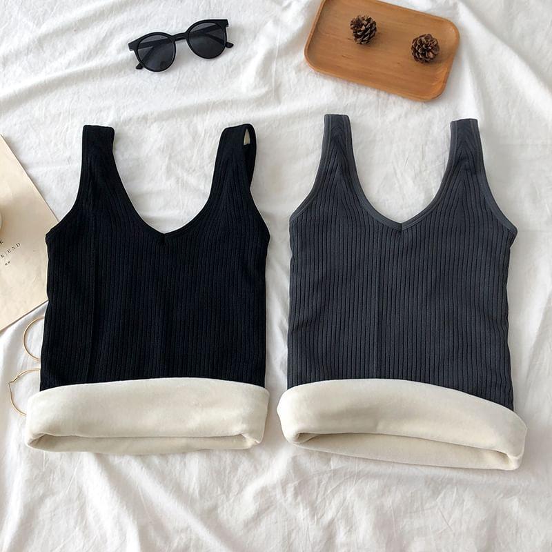 V-Neck Plain Ribbed Fleece-Lined Slim Fit Tank Top Product Image