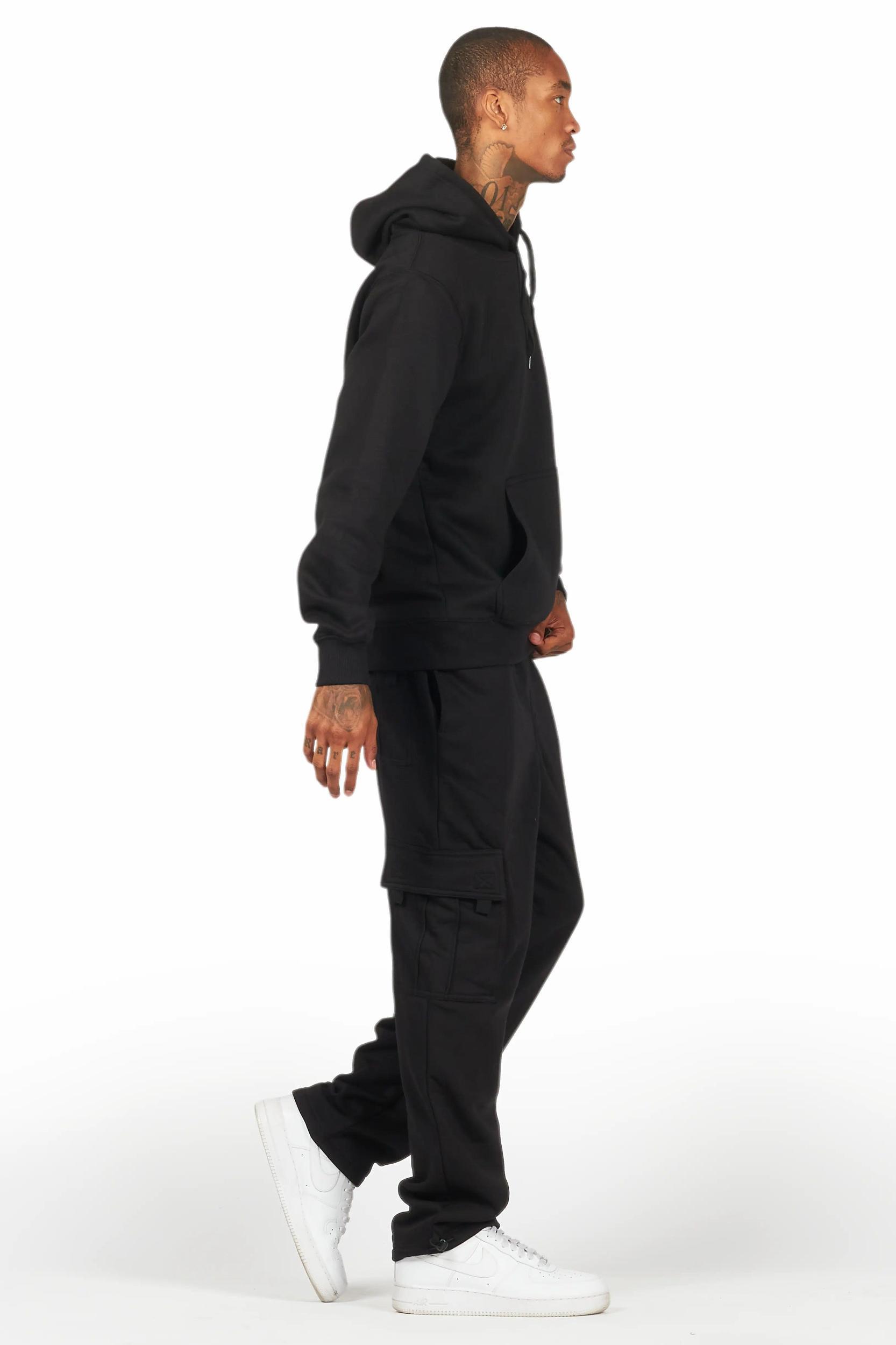 Basic Black Hoodie/Cargo Sweat Pant Set Male Product Image