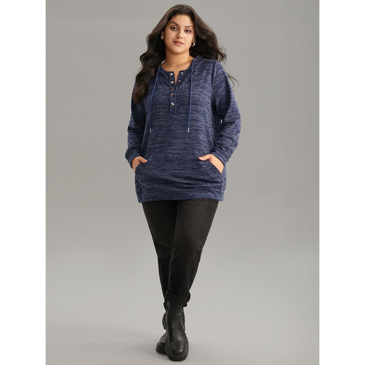 Plus Size Heather Hooded Button Up Pocket Sweatshirt Women Indigo Casual Plain Hooded Dailywear Sweatshirts BloomChic 18-20/2X Product Image