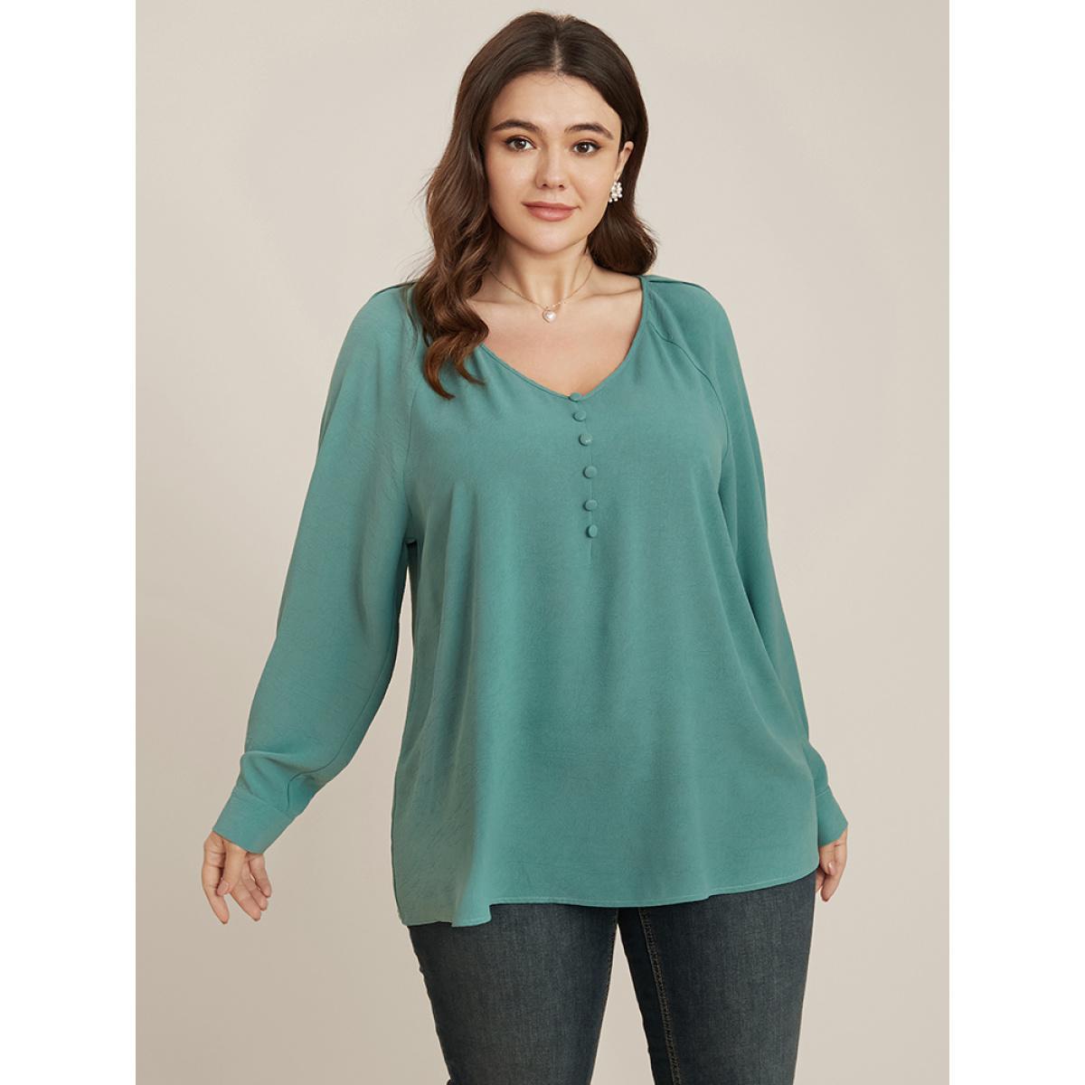 Plus Size Mint Solid V Neck Button Detail Blouse Women Office Long Sleeve V-neck Work Blouses BloomChic 22-24/3X Product Image