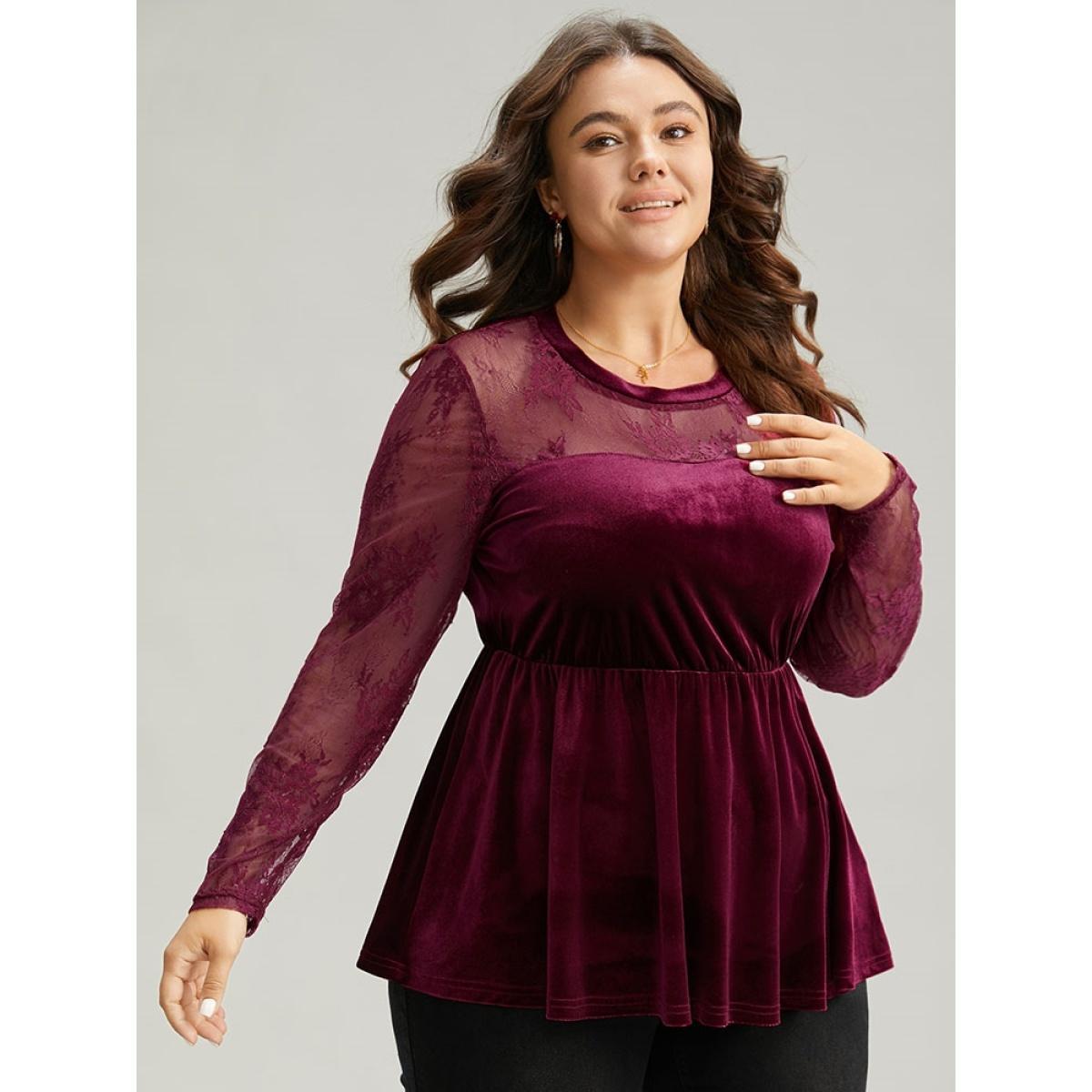 Plus Size Burgundy Velvet Patchwork Mesh Guipure Lace Gathered Blouse Women Elegant Long Sleeve Round Neck Festival-Christmas Blouses BloomChic 18-20/2X Product Image