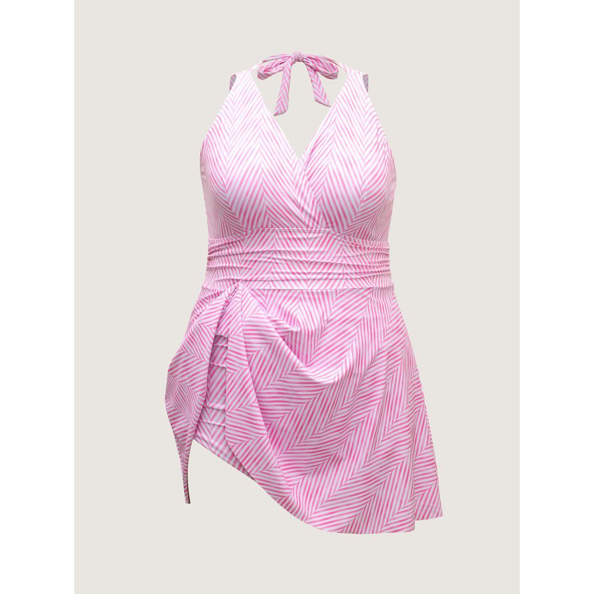 Plus Size Anti-Float Ties Stripes Swim Dress Women's Swimwear Beanpastepowder Beach Bodycon Overlap Collar High stretch Curve Swim Dresses BloomChic 26/4X Product Image
