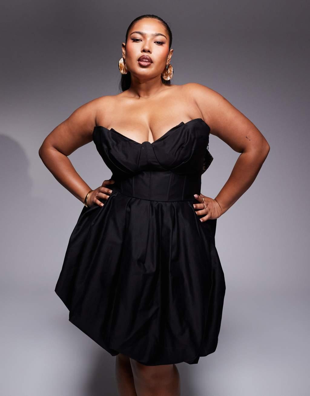 ASOS LUXE Curve cotton sateen structured mini dress with jacquard leopard bow in black Product Image