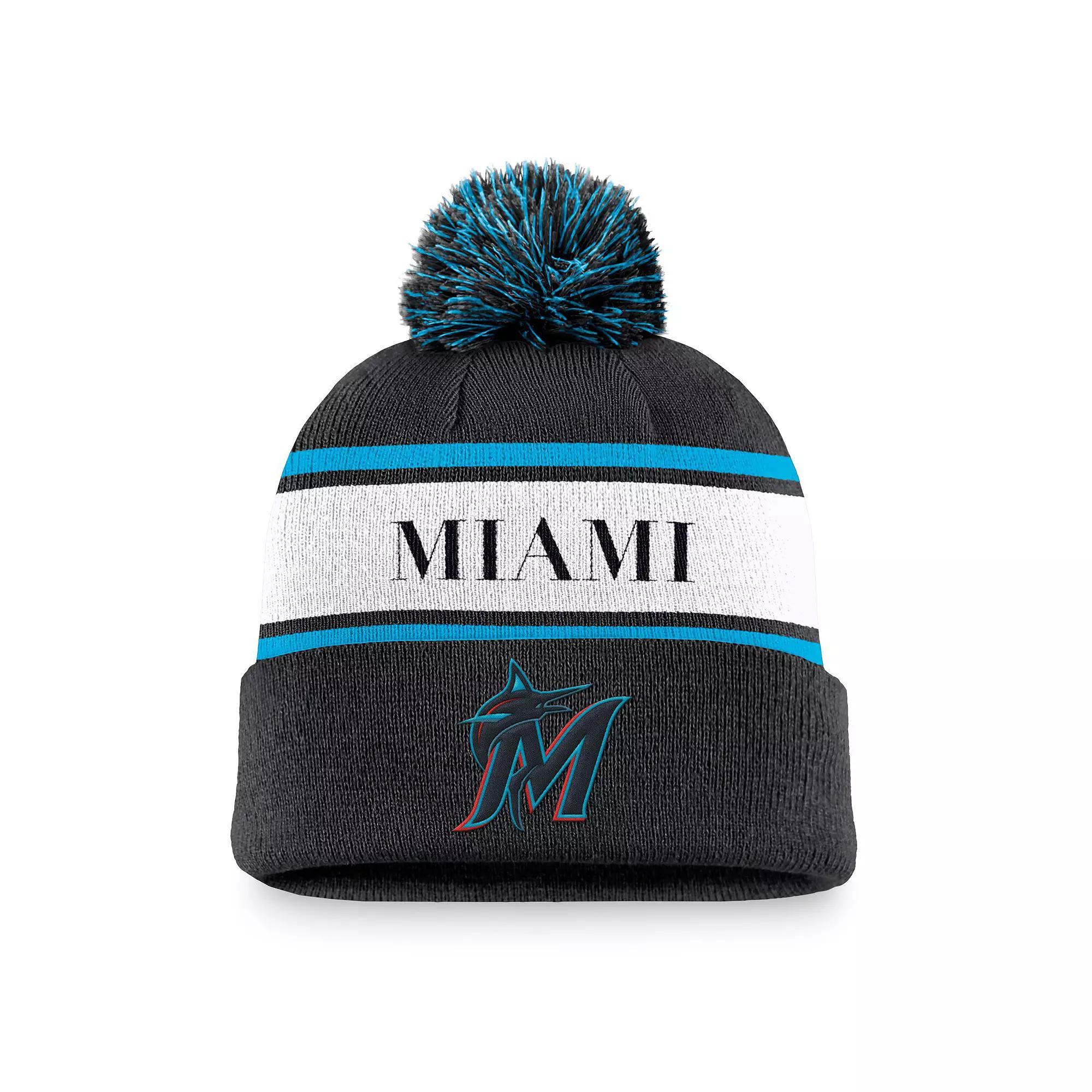 Men's Nike Black Miami Marlins Team Stripe Peak Cuffed Knit Hat with Pom Product Image