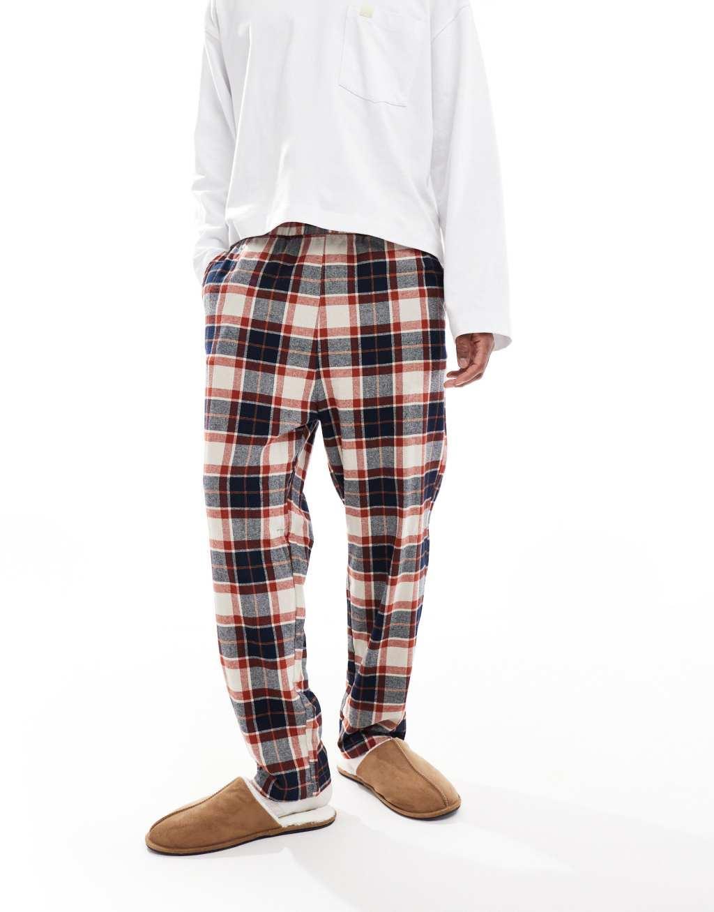 Jack & Jones brushed plaid pajama bottom in beige & rust  Product Image