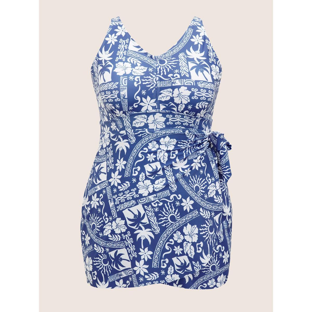 Plus Size Tropical Print Gathered Tie Knot Swim Dress Women's Swimwear Cerulean Beach Bodycon V-neck High stretch Curve Swim Dresses BloomChic 30/6X Product Image