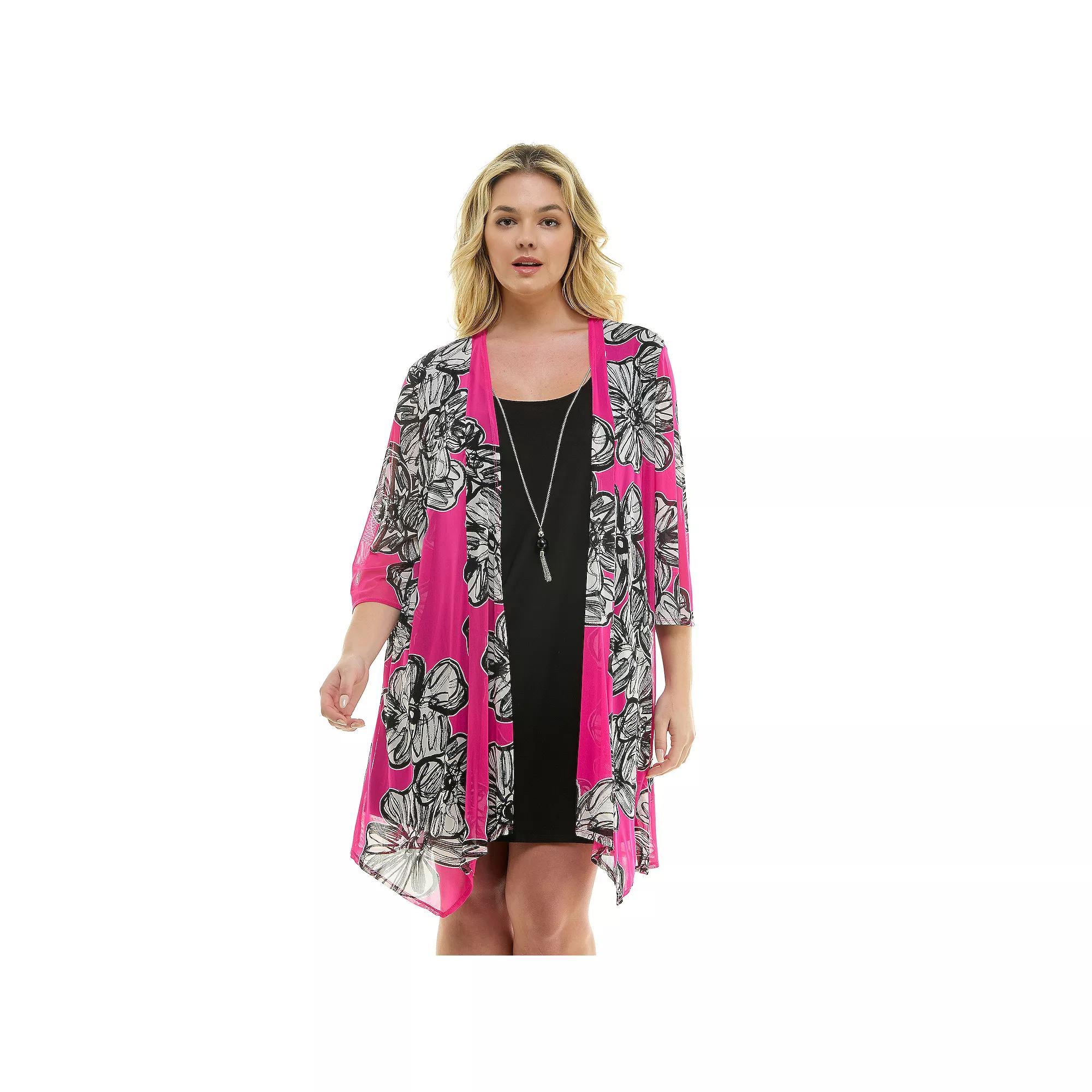 Plus Size Luxology 2-Piece 3/4 Sleeve Cardigan & Dress Set, Women's, Size: 3XL, Pink White Black Product Image