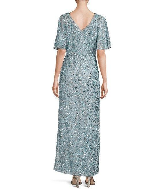 Pisarro Nights Petite Size Short Caplet Sleeve V-Neck Long Beaded Dress Product Image